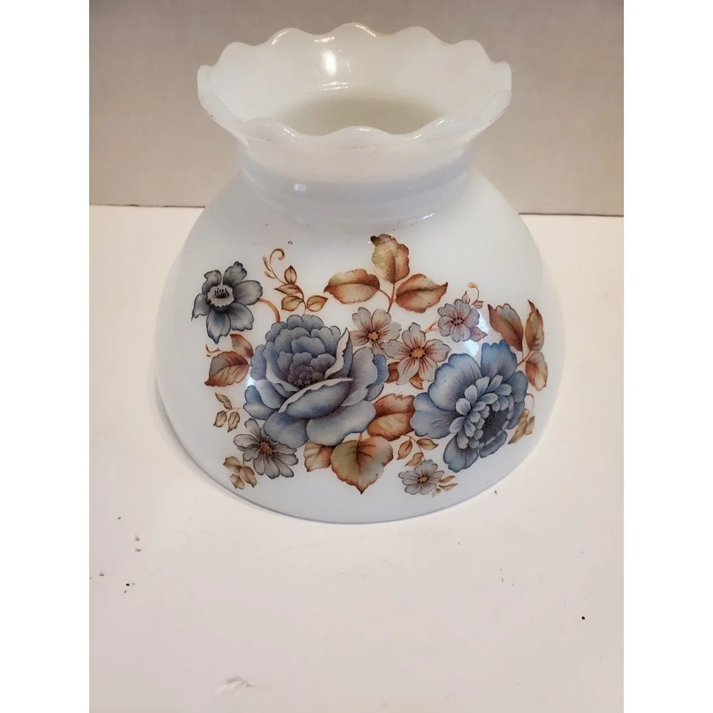 Vtg Glass Lamp Shade Blue Roses MCM Victorian Romantic Cottagecore Fitter 5.75